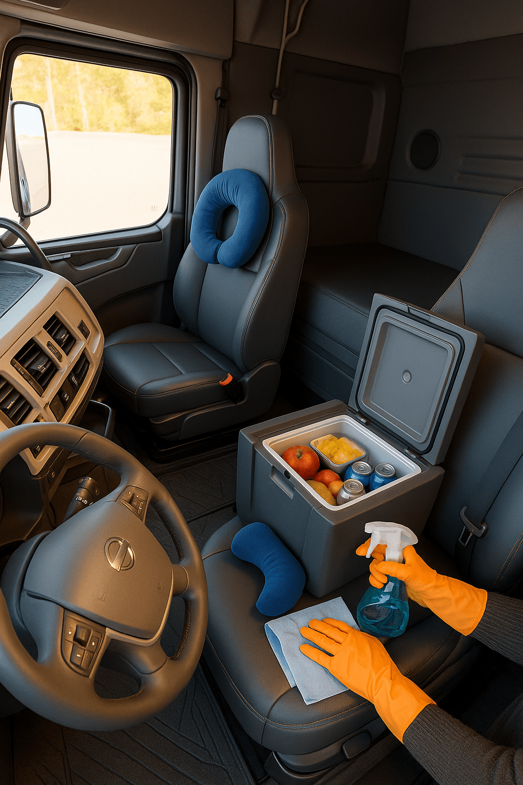 Interior do veículo com travesseiro e cooler